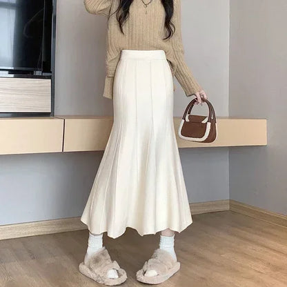 Autumn Winter Knitted Long Korean Fashion Temperament Elegant High Waist Solid Slim Black Fishtail Skirt