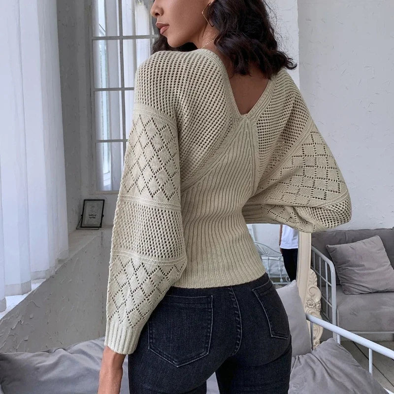 Autumn Winter Sexy Women's Cutout Knitted Slim Fit Cropped Long Sleeve Fashion Trendy Comfortable Sweater