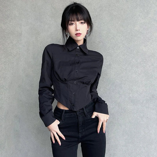 Sexy Folds Gothic Black Short Top Blouse