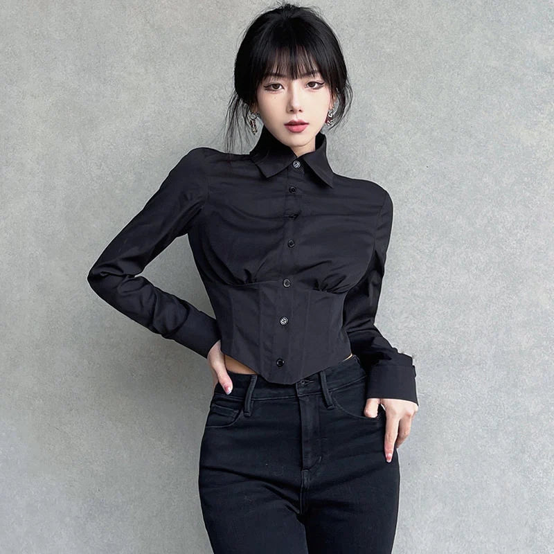 Sexy Folds Gothic Black Short Top Blouse