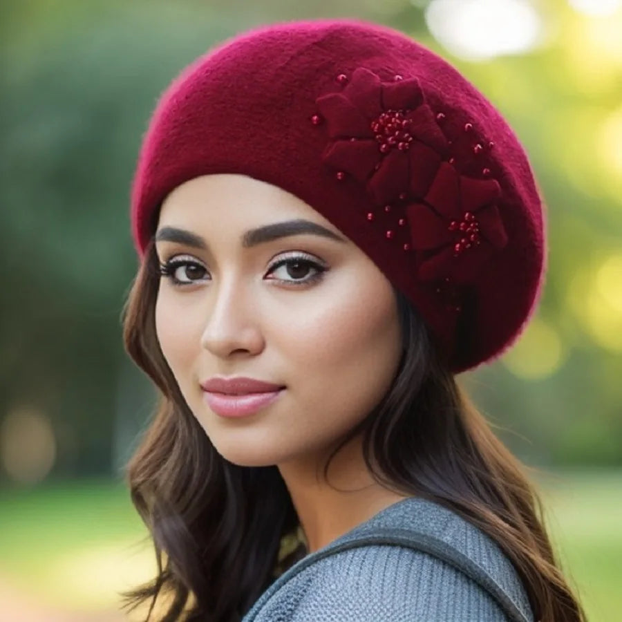 Cashmere Rabbit Wool Knitted Pearl Beret Hat for Women