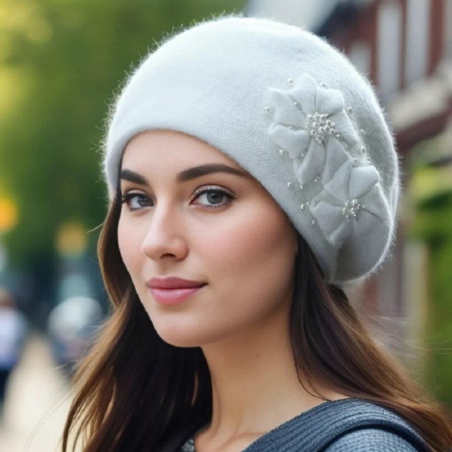 Cashmere Rabbit Wool Knitted Pearl Beret Hat for Women