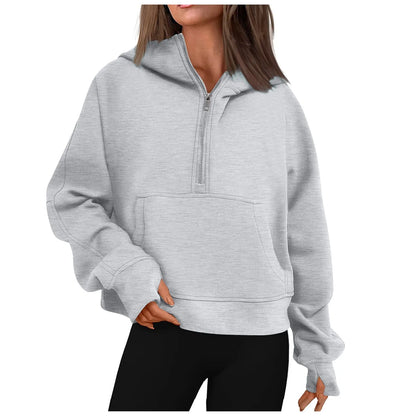 Autumn Winter Solid Color Loose Short Half Zip Pockets Thumb Hole Long Sleeve Pullover Hoodies