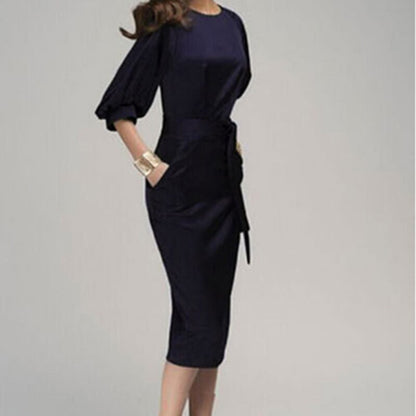 Amy Fashion - Office Lady Mid-Calf Pencil Dress With Sashes Lantern Sleeve