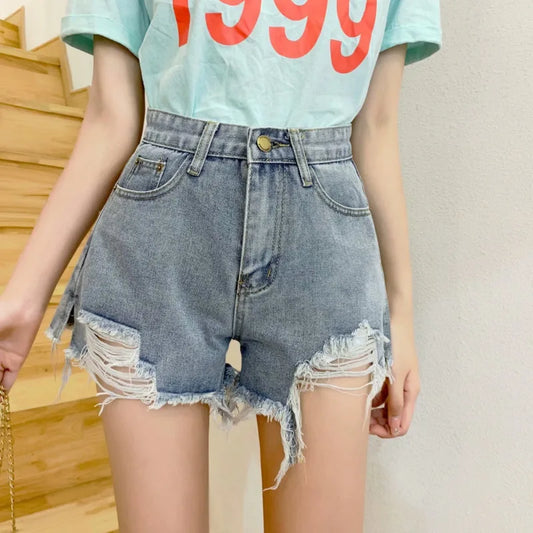 Amy Fashion - Loose Slimming Oversized Wide Leg Mesh Red A-line Hot Black Denim Shorts Summer Jean