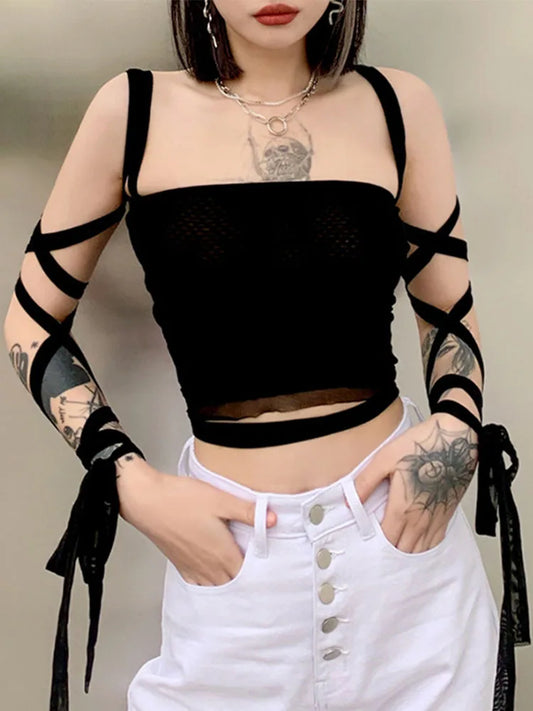 Sexy Mesh Grunge Cyber Mall Crop Fairy Top Bandage Y2k Up Goth Lace