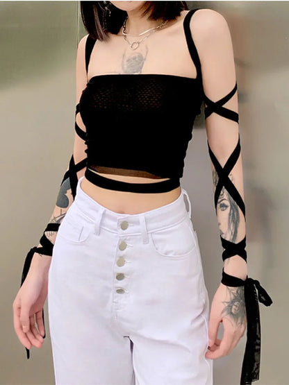 Sexy Mesh Grunge Cyber Mall Crop Fairy Top Bandage Y2k Up Goth Lace