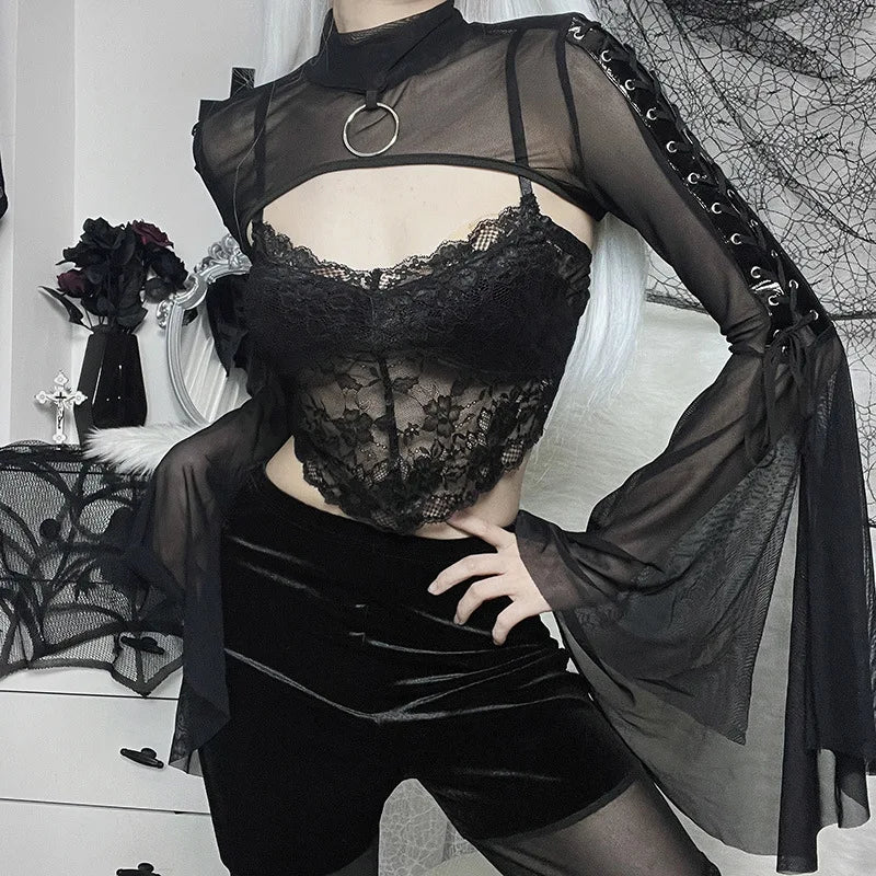 Black Mesh Street Lace-up Punk Eyelet Flared Sleeves Vintage Pullover Crop Top