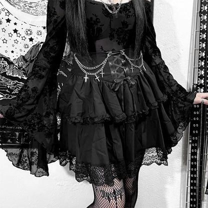 Waist Women Charming Sexy Fairycore Mini Folds Drawstring Ruffle Patchwork Irregular High Gothic Black Skirt