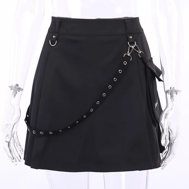 High A-line Irregular Black Waist Pleated Skirt Goth Tooling Waist Chain Gothic Harajuku Y2k Functional