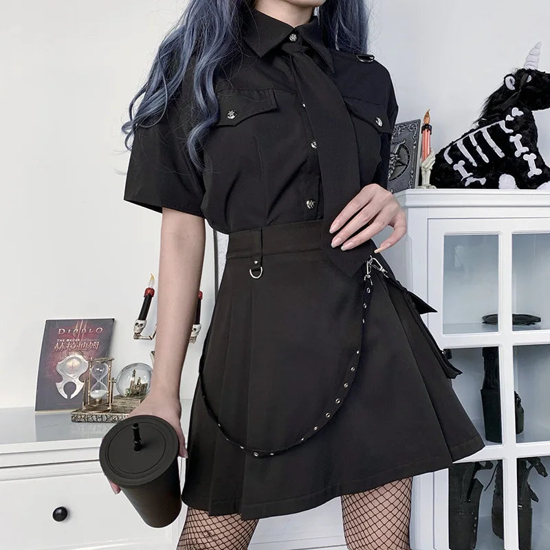 High A-line Irregular Black Waist Pleated Skirt Goth Tooling Waist Chain Gothic Harajuku Y2k Functional