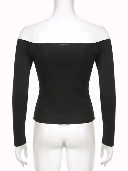 AMY - Elegant Slim Sexy Cropped Black Long Sleeve Korean Fall Crop Top