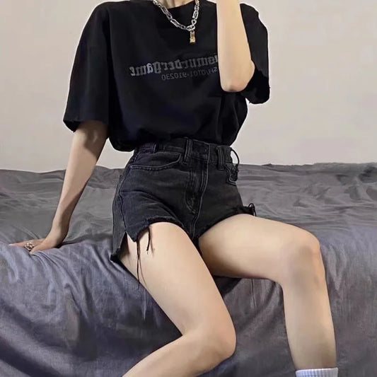 Amy Fashion - Oversized Loose And Slimming Black Summer High Waisted A-line Hot Pants Fashion Jean