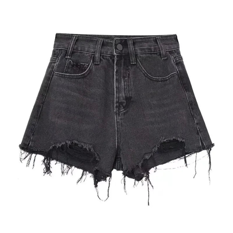 Amy Fashion - Oversized Loose And Slimming Black Summer High Waisted A-line Hot Pants Fashion Jean