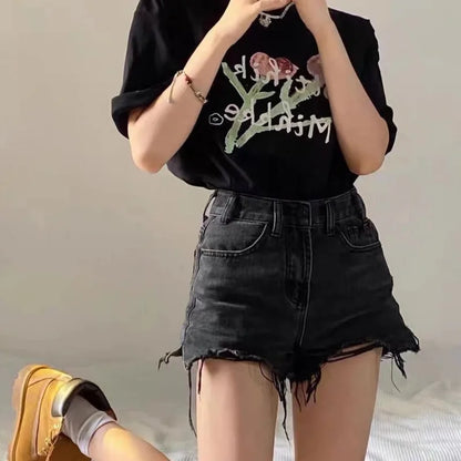 Amy Fashion - Oversized Loose And Slimming Black Summer High Waisted A-line Hot Pants Fashion Jean