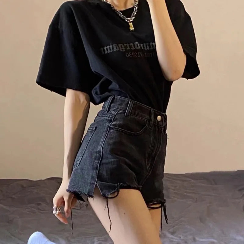 Amy Fashion - Oversized Loose And Slimming Black Summer High Waisted A-line Hot Pants Fashion Jean