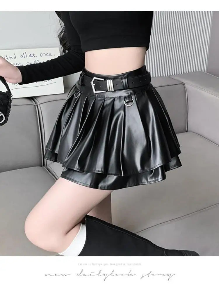 With Belt Pleated PU Leather Ball Gown High Waist Slim A-line Skirt