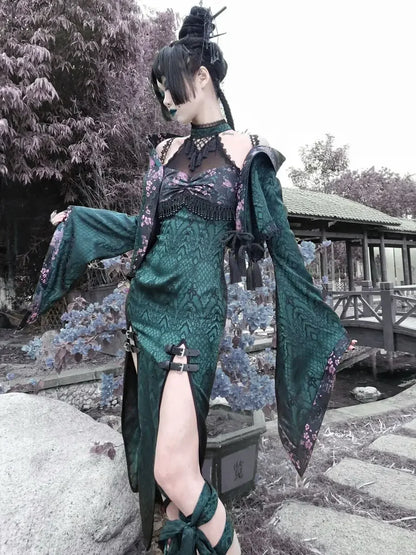 Snake Mesh New Original Dress Patch Sexy Design Slit Summer Neck Halter High Dress Gothic Cheongsam