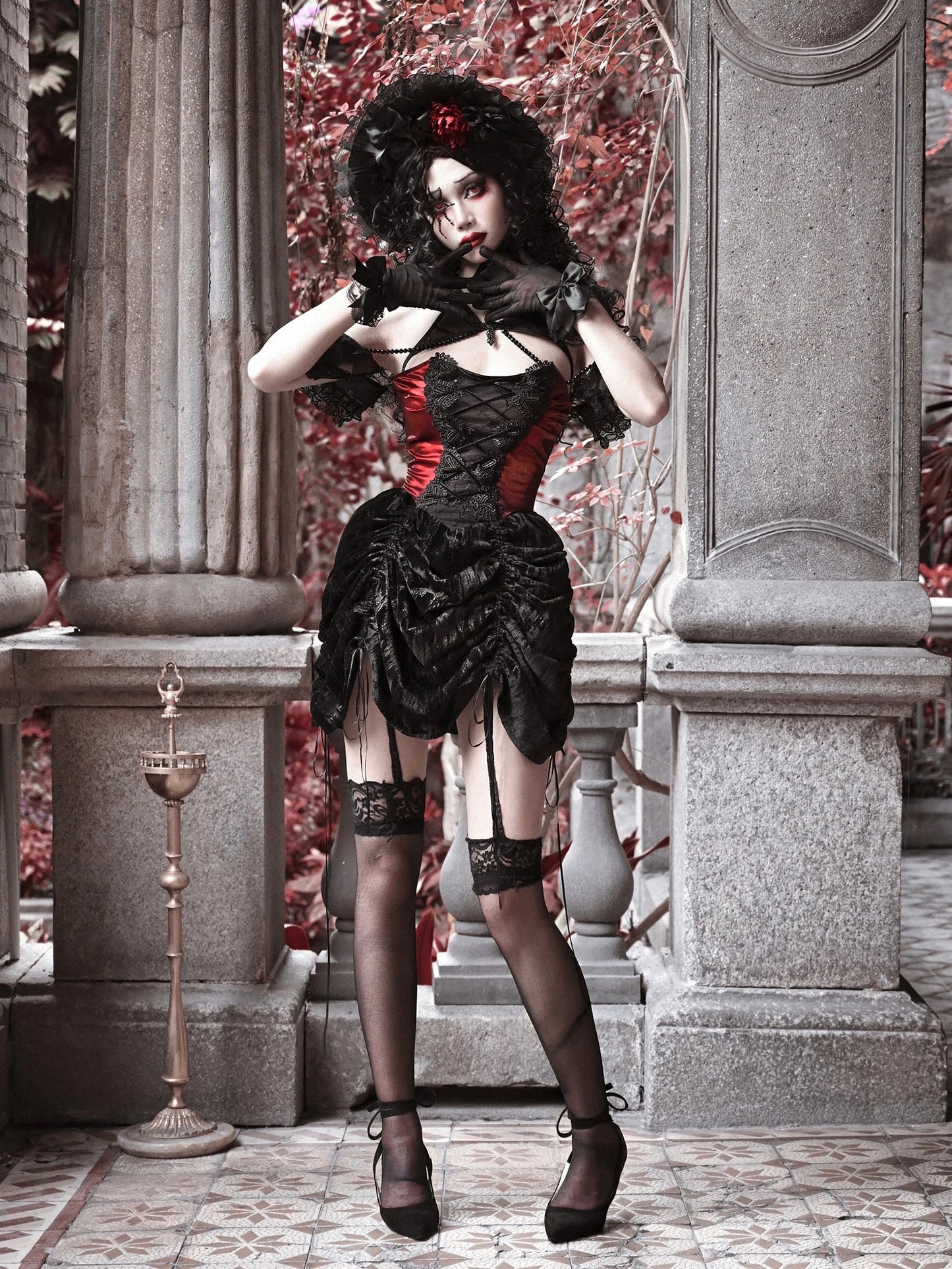 Strap Drawstring Black Gothic Supply Grunge Vestido Dress Autumn Mini Slim Velvet Halloween Red Halter Blood