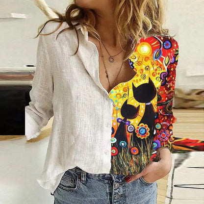 Tiger Loose Lapel Button Office Lady Leisure Streetwear Blouse