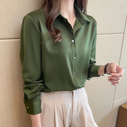 Fashion Silk Long Sleeve Solid Casual Shirts Lady Turn Down Collar White Tops Blouse