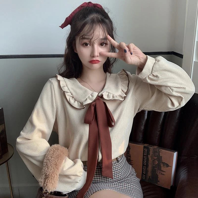 Elegant Corduroy Kawaii Bow Leisure Preppy Sweet Clothes Blouse