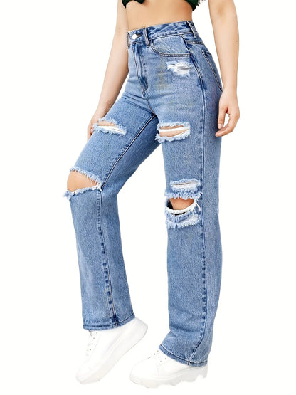 Amy Fashion - Blue Ripped Baggy Straight Slash Pockets Distressed High Waist Loose Fit Denim Jean