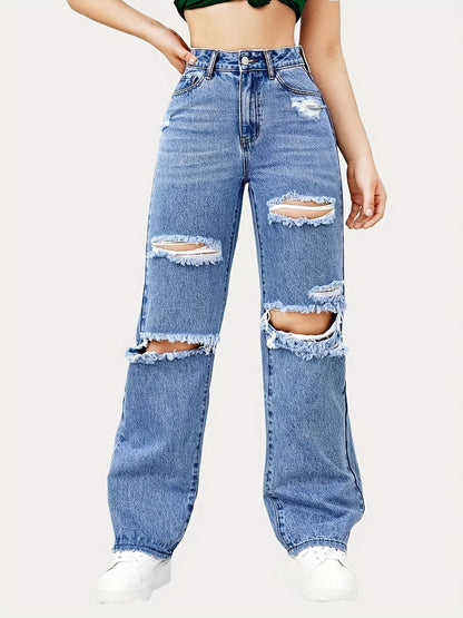 Amy Fashion - Blue Ripped Baggy Straight Slash Pockets Distressed High Waist Loose Fit Denim Jean