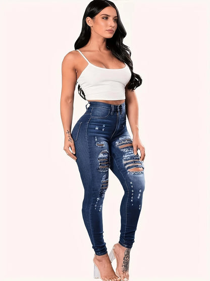 Amy Fashion - Blue Ripped Holes Skinny Distressed High Waist Slim Fit Slash Pockets Denim Jean