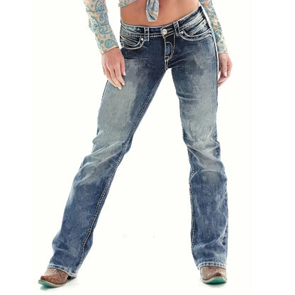 Amy Fashion - Blue Washed Casual Tight Slim Fit Mid Stretch Slant Pockets Skinny Denim Jean