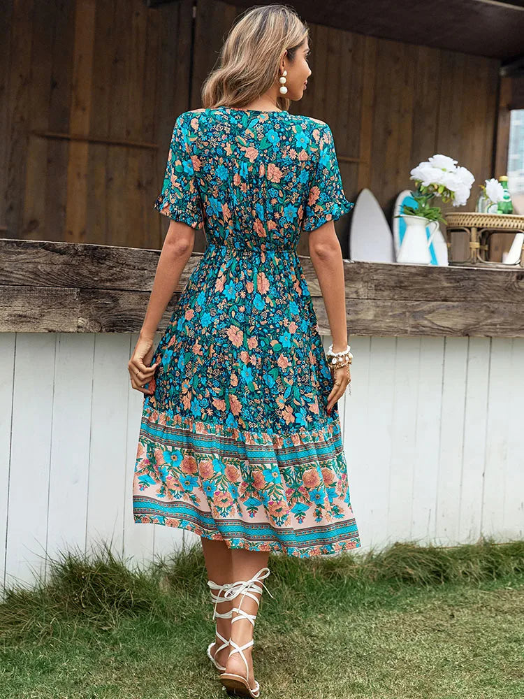 Amy Fashion - Vintage Round Neck A-Line Boho Dress