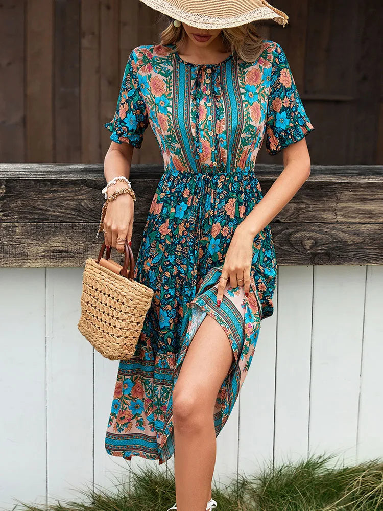 Amy Fashion - Vintage Round Neck A-Line Boho Dress