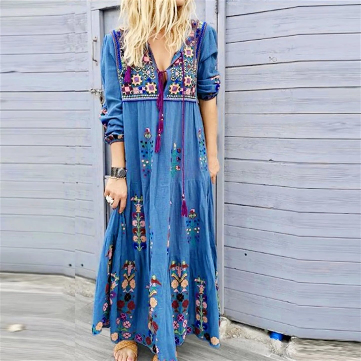 Amy Fashion - Bohemian Flower Elegant Long Floral V Neck Boho Dress