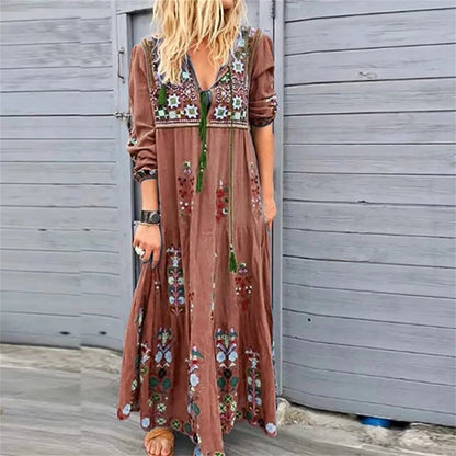 Amy Fashion - Bohemian Flower Elegant Long Floral V Neck Boho Dress