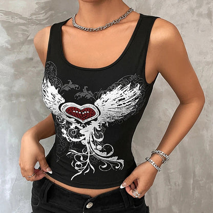 Top & Fairy Heart Grunge Gothic Printed Wings Dark Crop