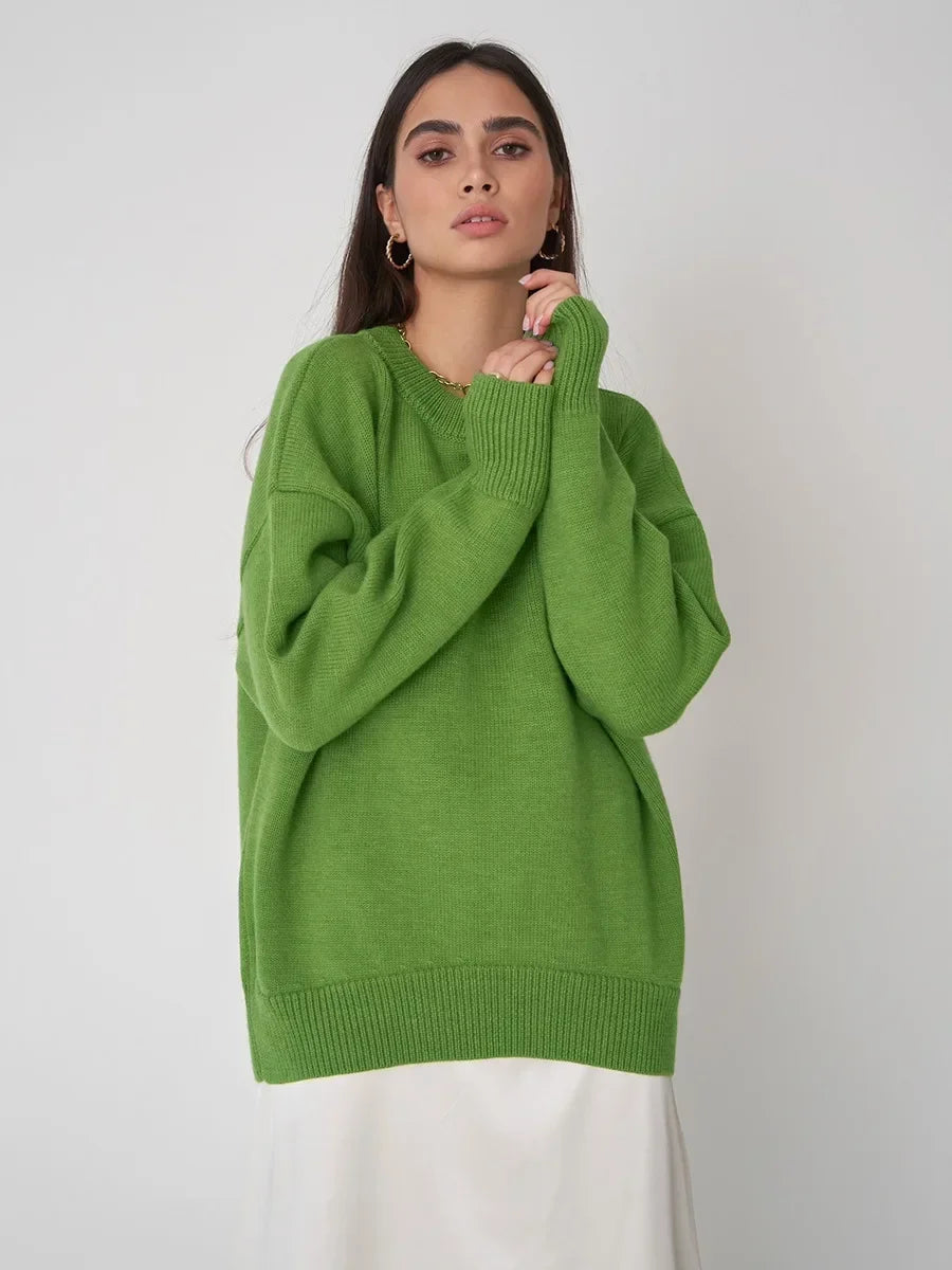 Women O Neck Autumn Winter Thick Warm Pullover Oversized Casual Loose Knitted Jumper Cozy Stylish Sweater