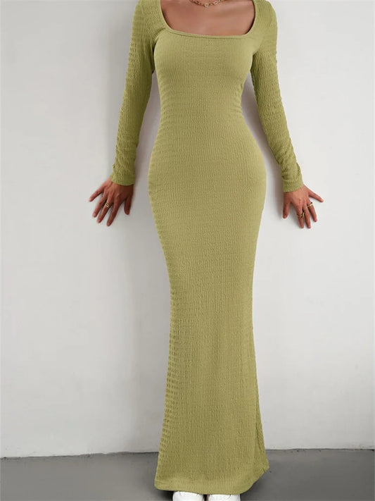 Amy Fashion - Elegant Women Knitted   Sleeve Square Neck Solid Slim Fit Spring Autumn Cocktail Female Vestidos