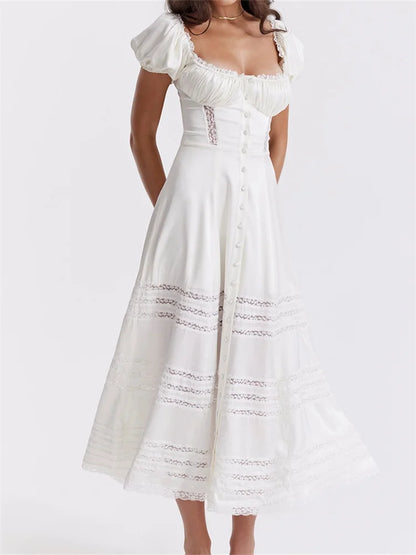 Amy Fashion - Elegant Women Short Sleeve Front Buttons Up   Lace Hollow Out High Waist White OL Summer Vestidos