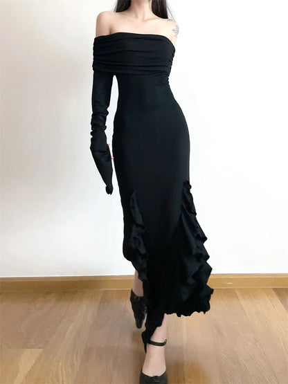 Amy Fashion - Elegant Women Slash Neck Off Shoulder   Flare Sleeve Party Irregular Hem Ruffles Female Vestidos