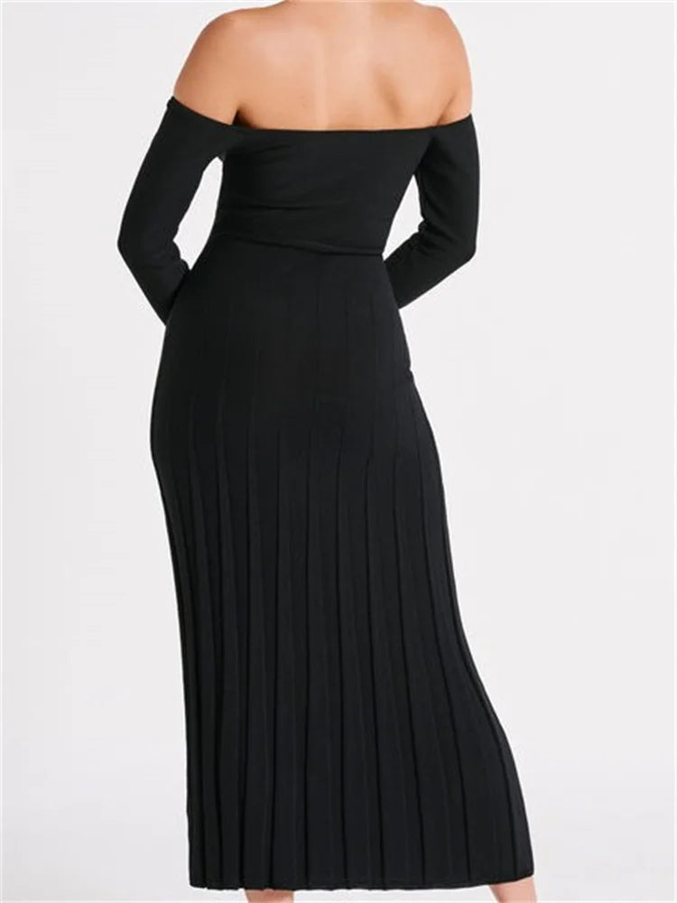 Amy Fashion - Elegant Women Slash Neck Off-Shoulder  Solid  Sleeve Backless Party Pleated Slim  Vestidos