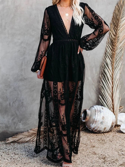 Amy Fashion - Lace Floral Mesh See Through    Summer Deep V-neck  Lantern Sleeve Beach Female Vestidos