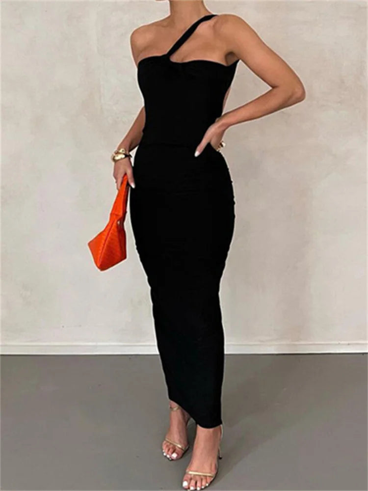 Amy Fashion - Sexy Backless Ruched  Women Sleeveless Single Strap Off Shoulder Bodycon Party Club  Female Vestidos