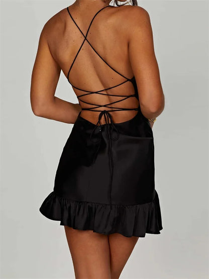 Amy Fashion - Sexy Sleeveless Strap Satin Backless Ruffles Hem Mini Dress