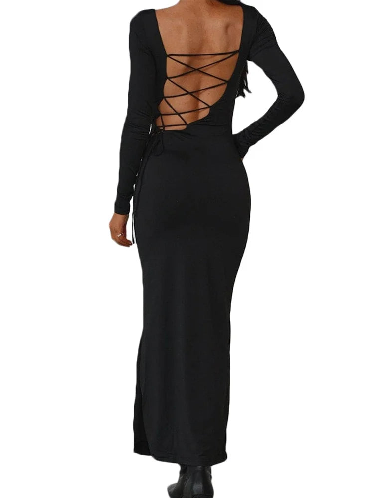 Amy Fashion - Sexy Women Backless Hollow Out Criss-cross Tie-up   Sleeve Black Solid Slim Fit Party  Vestidos