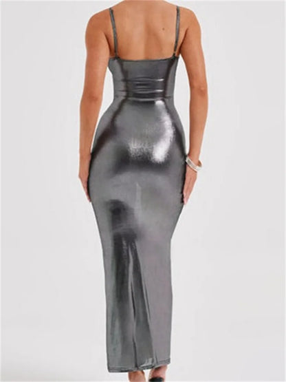 Amy Fashion - Sexy Women Bodycon  Solid Metallic Sleeveless Strap Summer Backless Party Female Vestidos Streetwear