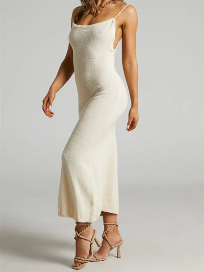 Amy Fashion - Sexy Women Knitted Summer  Solid Color Sleeveless Spaghetti Strap Low Cut O-neck Backless  Vestidos