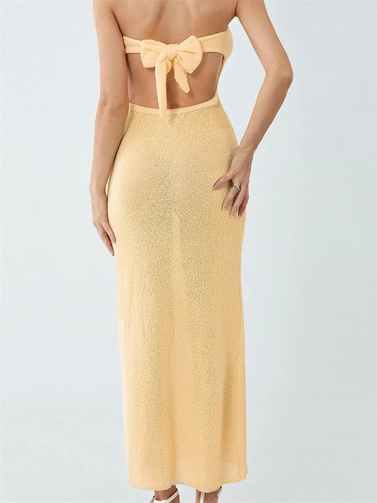 Amy Fashion - Sexy Women Knitted Tube  Strapless Off Shoulder Solid Summer  Tie-up Backless Beach Female Vestidos