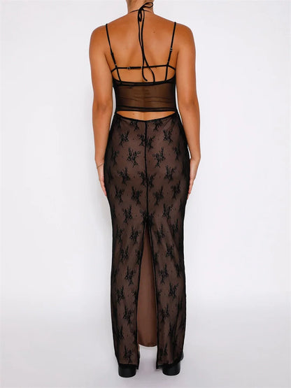 Amy Fashion - Sexy Women Lace Sleeveless Strap Sling Party Club Mesh See Through Hollow Out Slim Fit  Vestidos