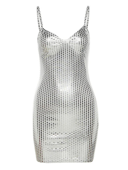 Amy Fashion - Sexy Shiny Summer Party Fashion Sleeveless Spaghetti Mini Dress