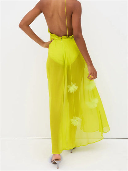 Amy Fashion - Sexy Women Summer Beach  Sleeveless Halter Tie-up Backless See-through Flower Split Ruffles Vestidos